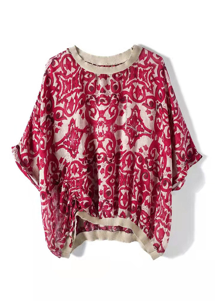 Red O-neck Print Chiffon Top Long Sleeve