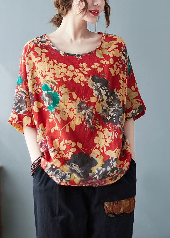 Red O-neck Print Cotton Tank Tops Short Sleeve