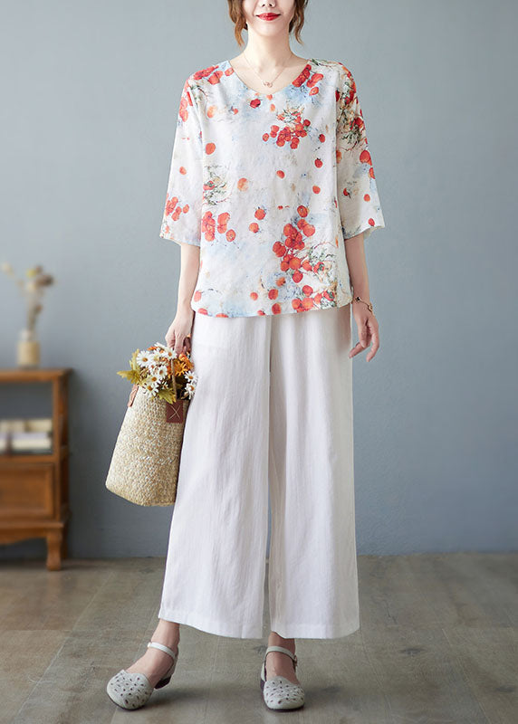 Red O-neck Print Linen Tops and Straight Pants Two Pieces Set Summer