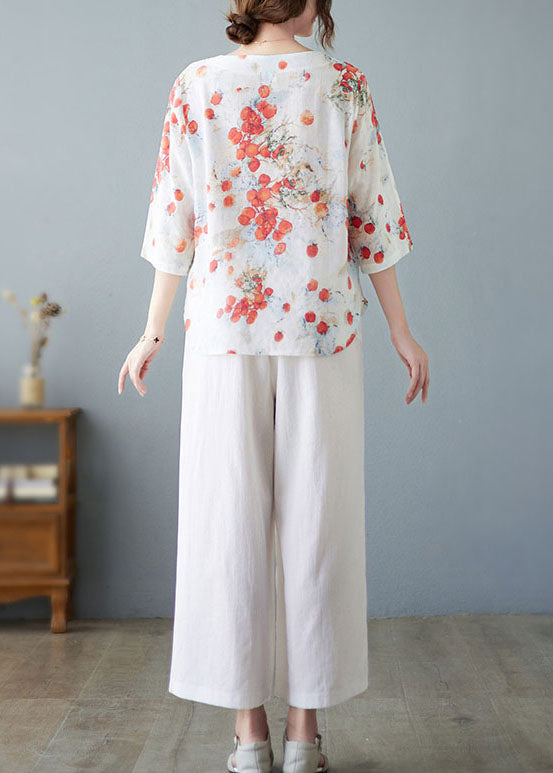 Red O-neck Print Linen Tops and Straight Pants Two Pieces Set Summer