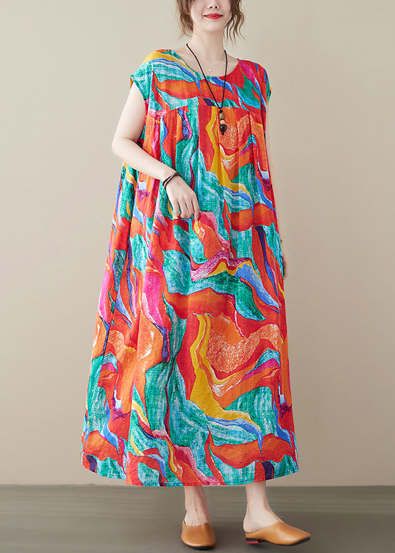 Red O-neck Print Long Dresses Summer