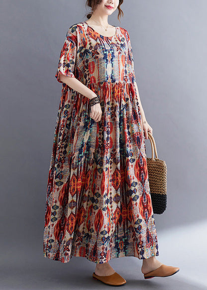 Red O-neck Print Patchwork Cotton Long Dresses Summer