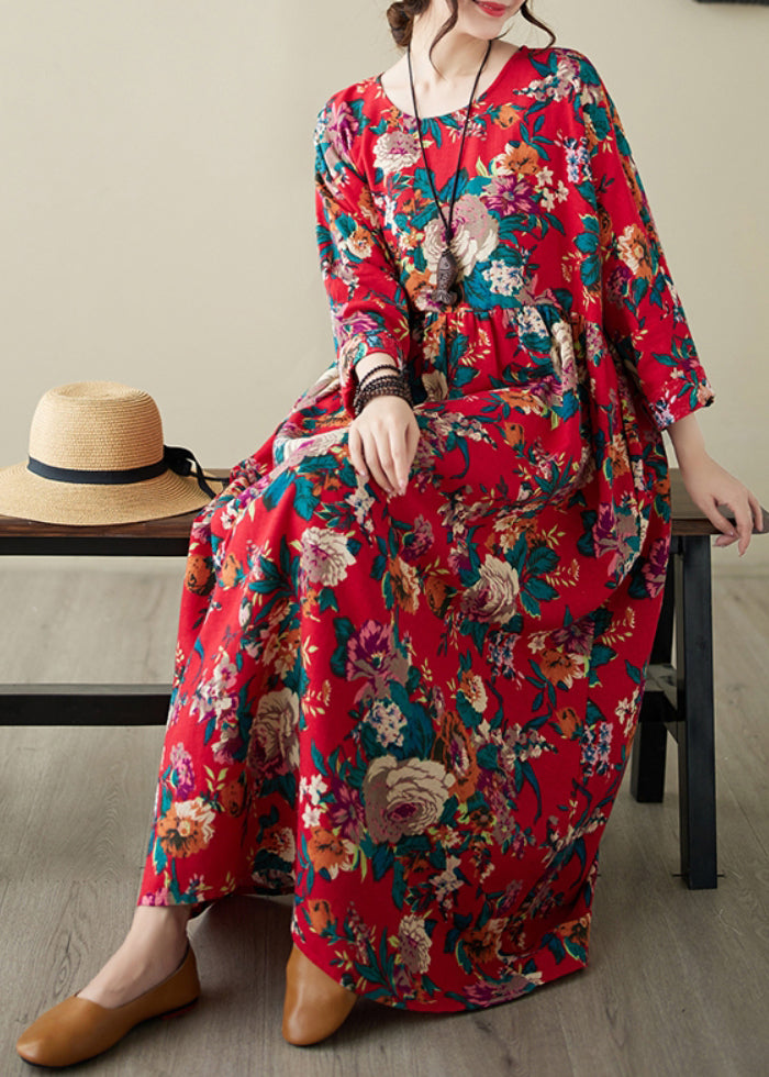Red O-neck Print Patchwork Long Dress Long Sleeve