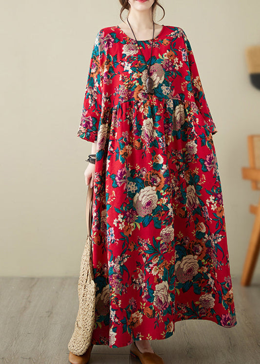 Red O-neck Print Patchwork Long Dress Long Sleeve