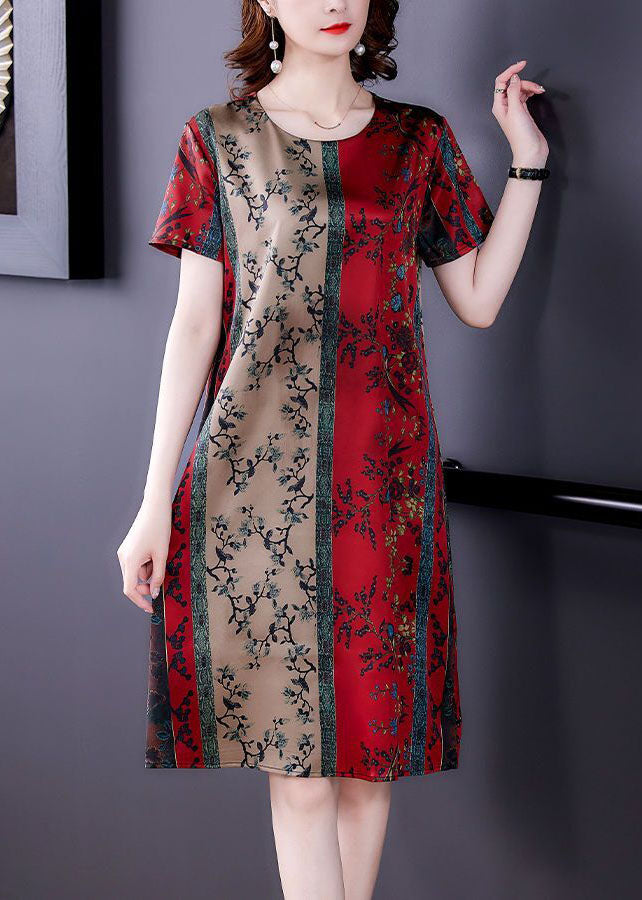 Red O-neck Print Slim Fit Silk Mid Dress Summer