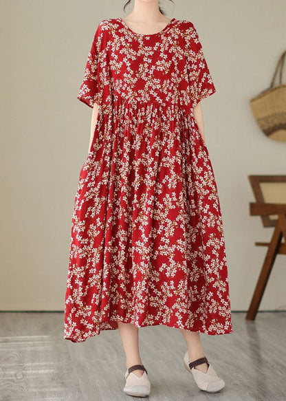Red O Neck Print Wrinkled Patchwork Chiffon Dresses Summer