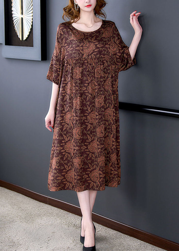 Red O Neck Print Wrinkled Patchwork Silk Dress Summer