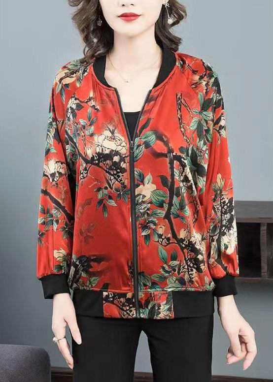 Red O-neck Print Zippered Patchwork Silk Jacket Spring