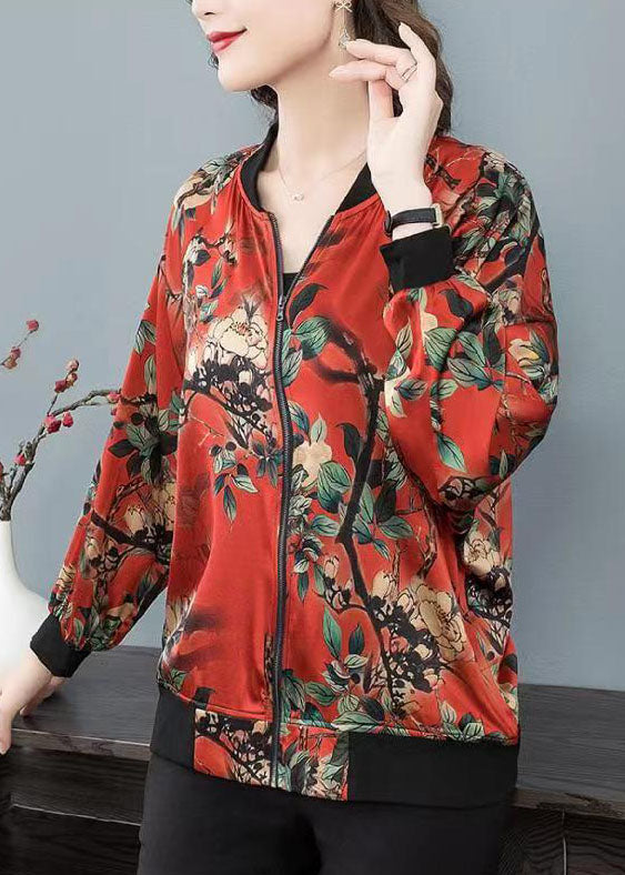 Red O-neck Print Zippered Patchwork Silk Jacket Spring