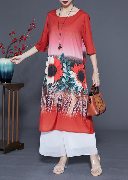 Red O-neck Sun Flower Print Silk Dresses Half Sleeve