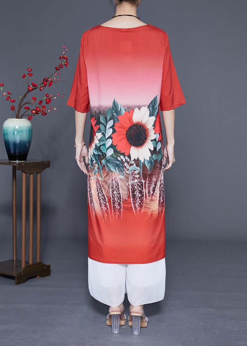 Red O-neck Sun Flower Print Silk Dresses Half Sleeve
