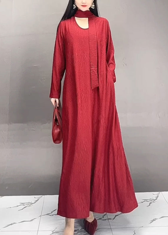 Red O-neck Wrinkled Maxi Dresses Spring