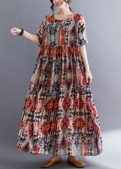 Red O Neck Wrinkled Print Patchwork Cotton Dresses Summer