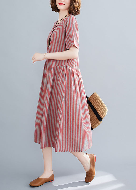 Red O-neck Wrinkled Striped Pockets Cotton Long Dress Short Sleeve