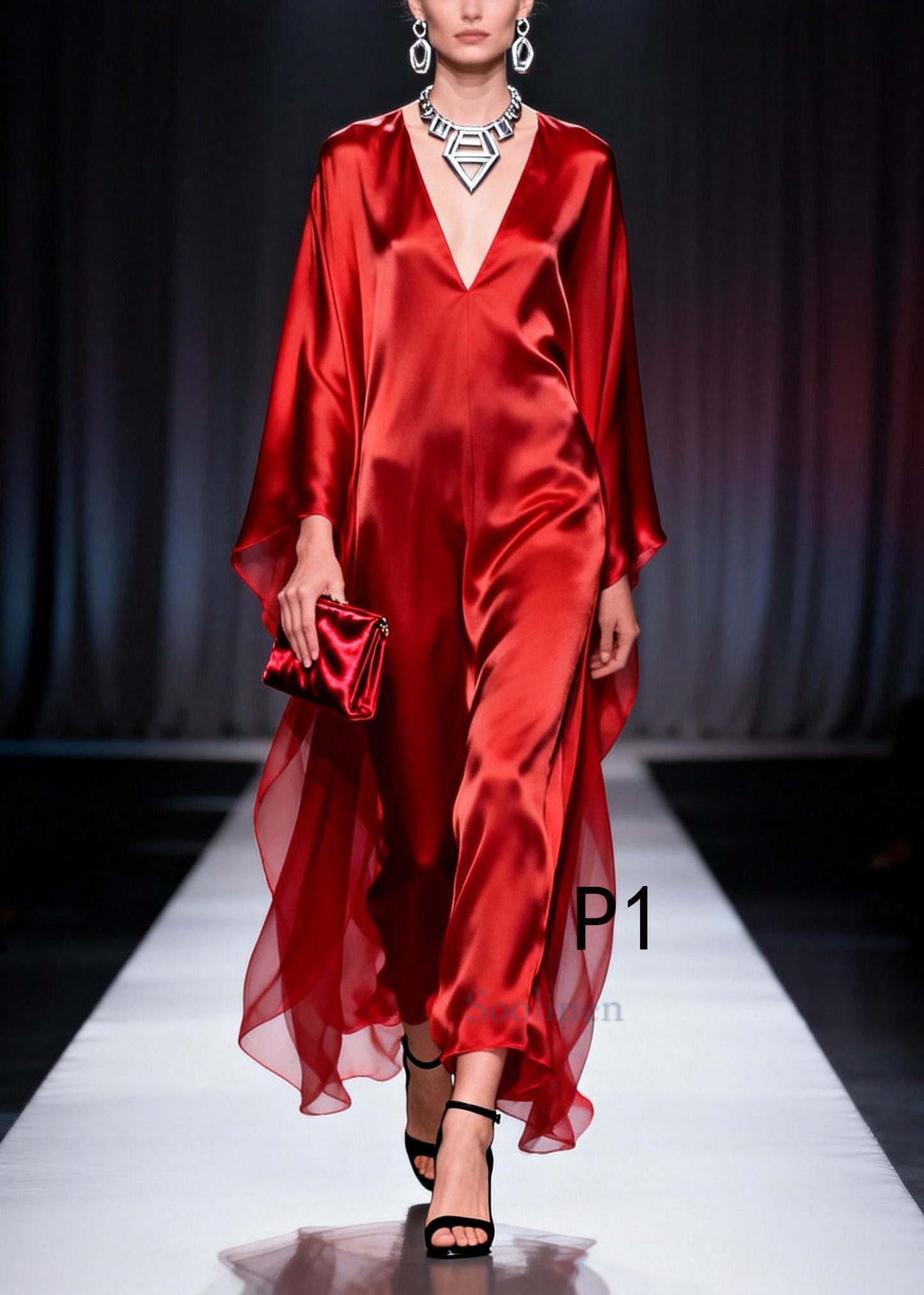 Red Oversized Draping Chiffon Robe Dresses Summer