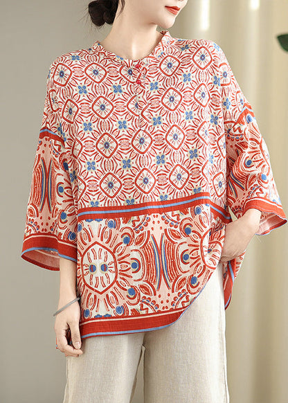 Red Oversized Print Tops Bracelet Sleeve