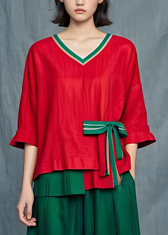 Red Patchwork Bow T Shirt Summer
