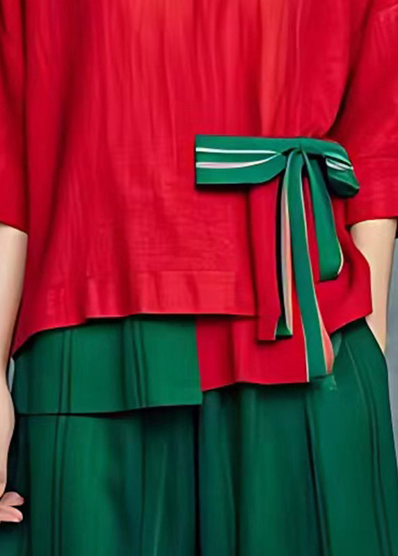 Red Patchwork Bow T Shirt Summer