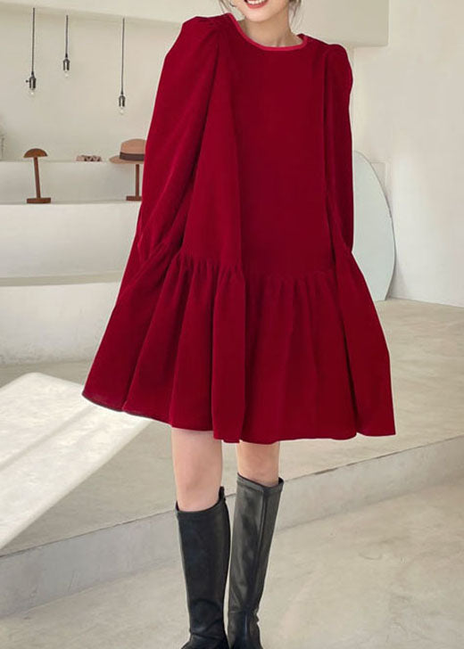 Red Patchwork Velour Vacation Dress Winter