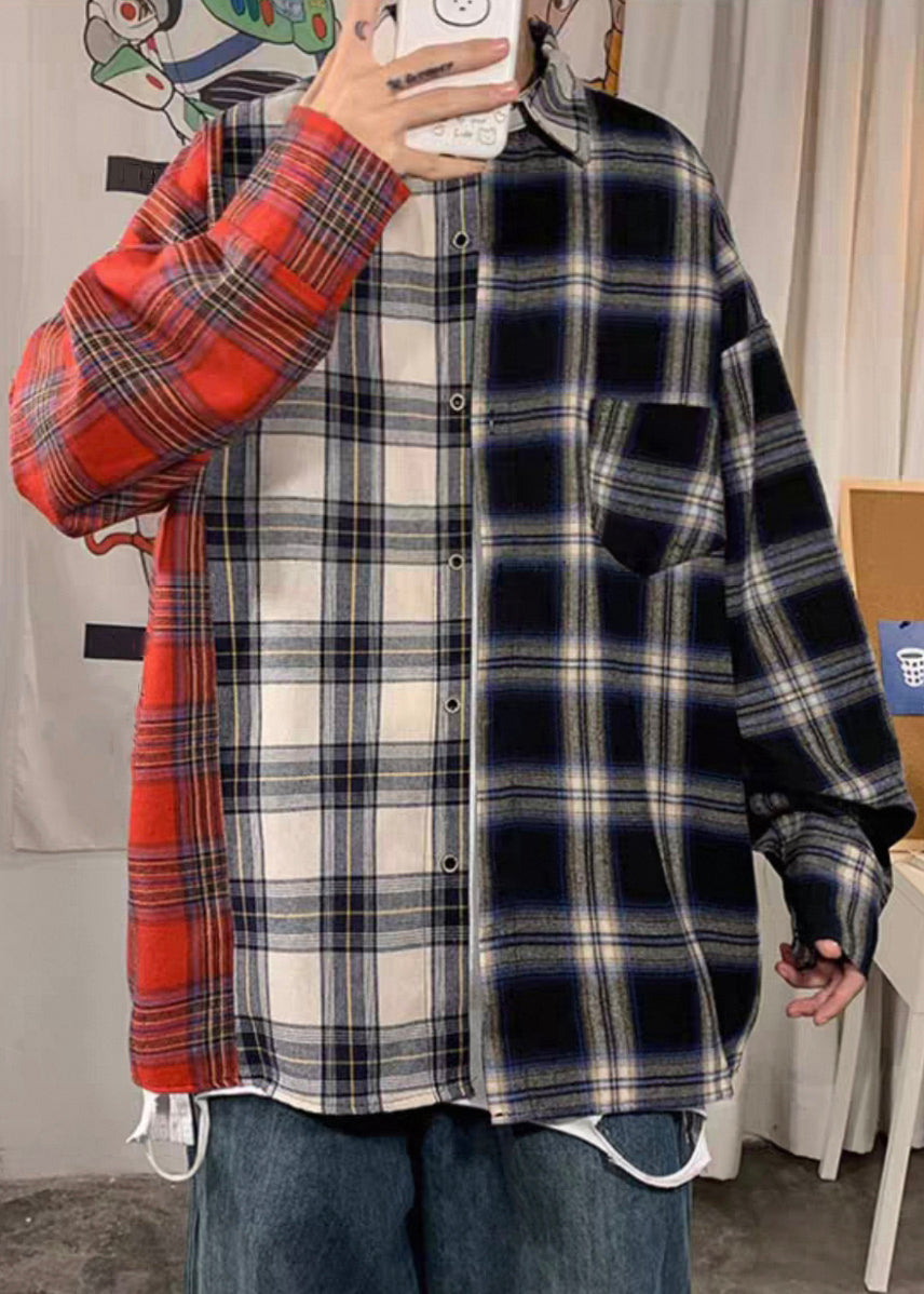 Plus Size Red Peter Pan Collar Plaid Cotton Men's Shirts Spring