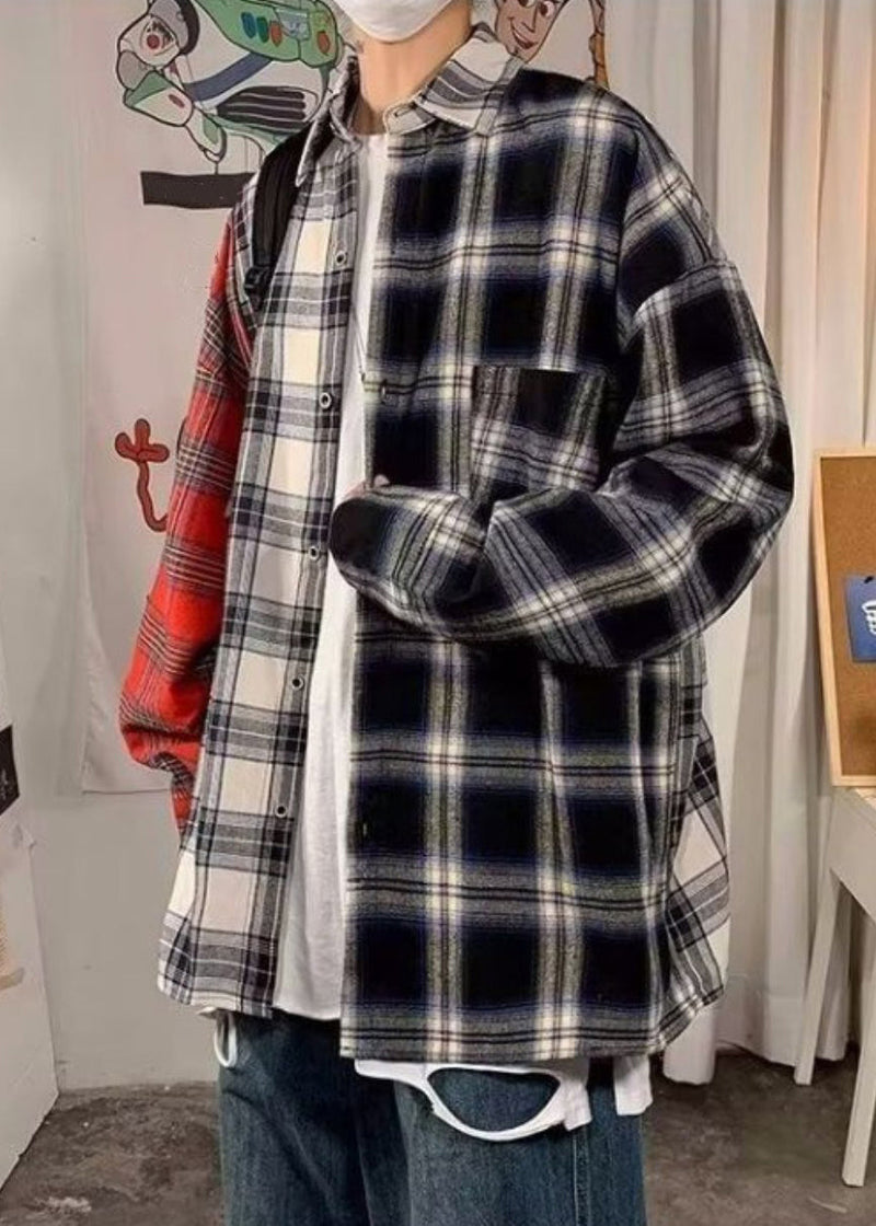 Red Peter Pan Collar Plaid Cotton Shirts Spring
