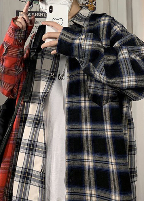 Red Peter Pan Collar Plaid Cotton Shirts Spring