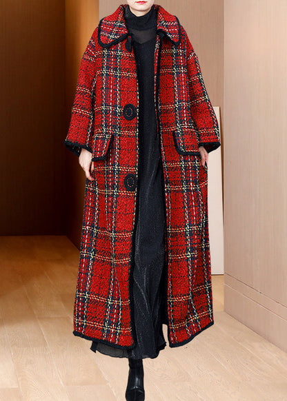 Red Peter Pan Collar Pockets Plaid Woolen Coats Winter