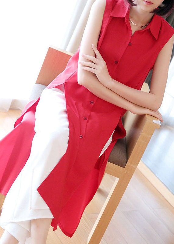 Red Peter Pan Collar Side Open Chiffon Long Shirts Sleeveless