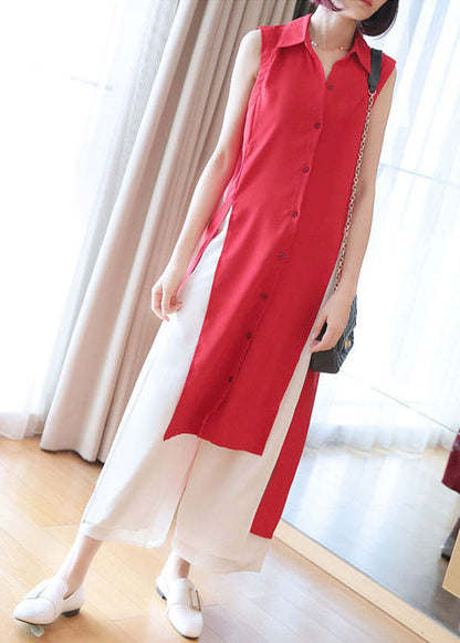 Red Peter Pan Collar Side Open Chiffon Long Shirts Sleeveless