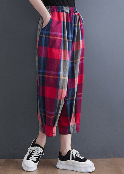 Red Plaid Elastic Waist Cotton Crop Pants Summer