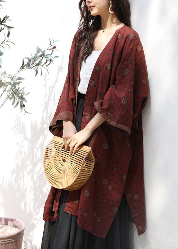 Red Pockets Print Patchwork Linen Cardigans Fall