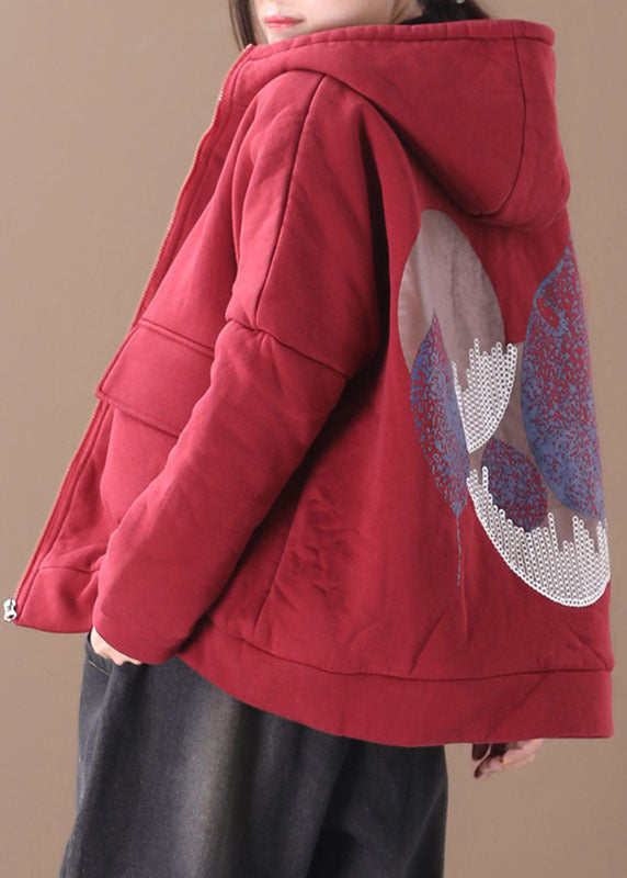 Red Print Hooded Fine Cotton Filled Witner Coat Winter