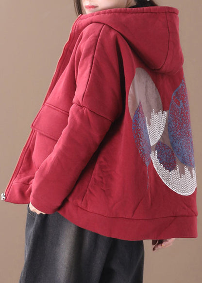 Red Print Hooded Fine Cotton Filled Witner Coat Winter