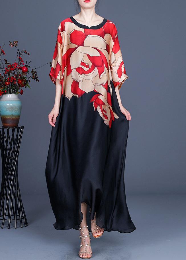 Flower and Bird Pattern Print O-neck Chiffon Summer Dress