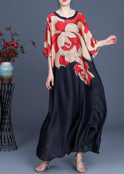 Flower and Bird Pattern Print O-neck Chiffon Summer Dress
