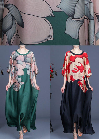 Flower and Bird Pattern Print O-neck Chiffon Summer Dress