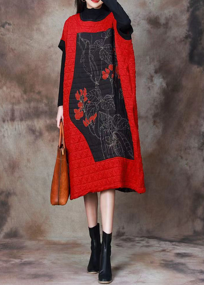 Red Print Patchwork Cotton Filled Dresses Long Sleeve