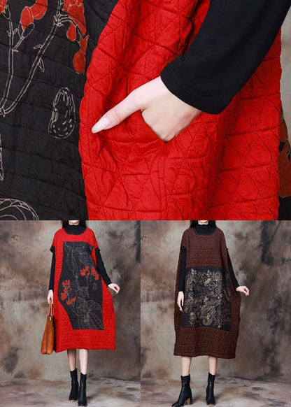 Red Print Patchwork Cotton Filled Dresses Long Sleeve