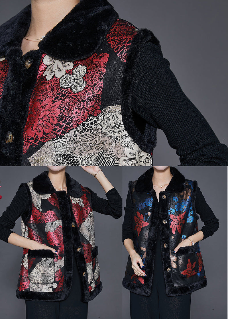 Red Print Thick Fine Cotton Filled Vests Winter