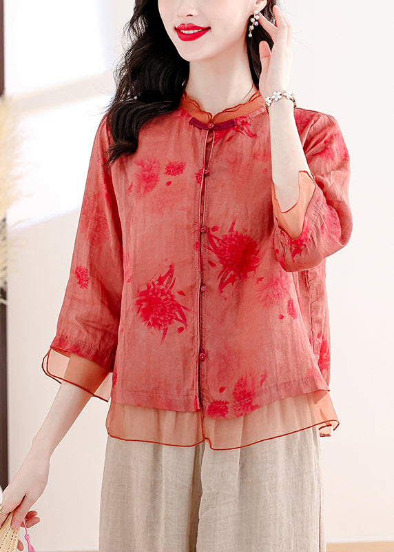 Red Print Tops and Pants Linen Two Pieces Set Summer