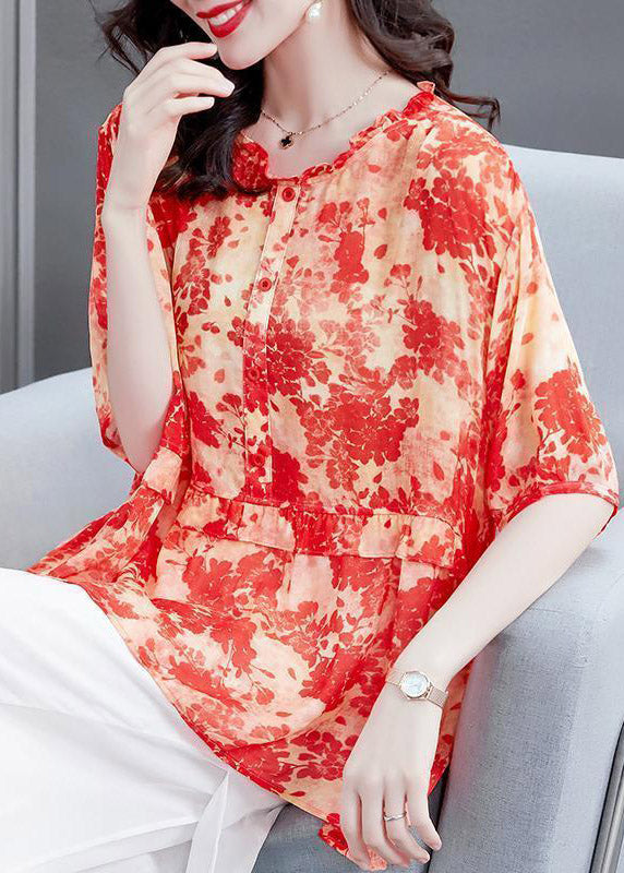 Red Ruffled Print Patchwork Chiffon Tops Summer
