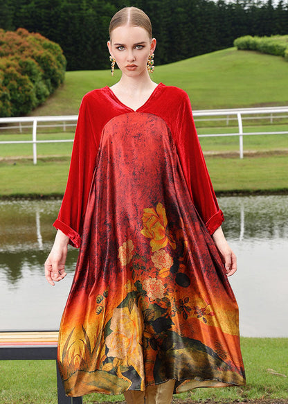 Red Silk Velour Patchwor Print Long Dresses Long Sleeve
