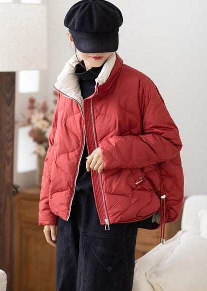 Red Stand Collar Zip Up Drawstring Duck Down Down Jacket Winter