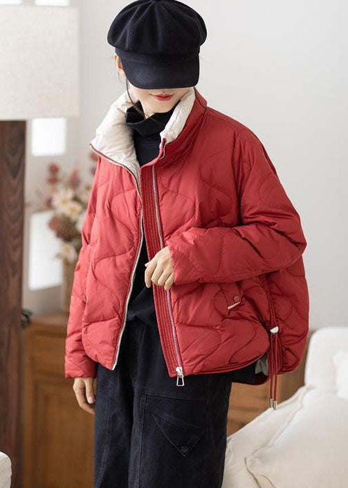 Red Stand Collar Zip Up Drawstring Duck Down Down Jacket Winter
