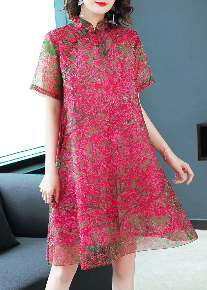 Red Stand Collar Print Silk Dress Short Sleeve