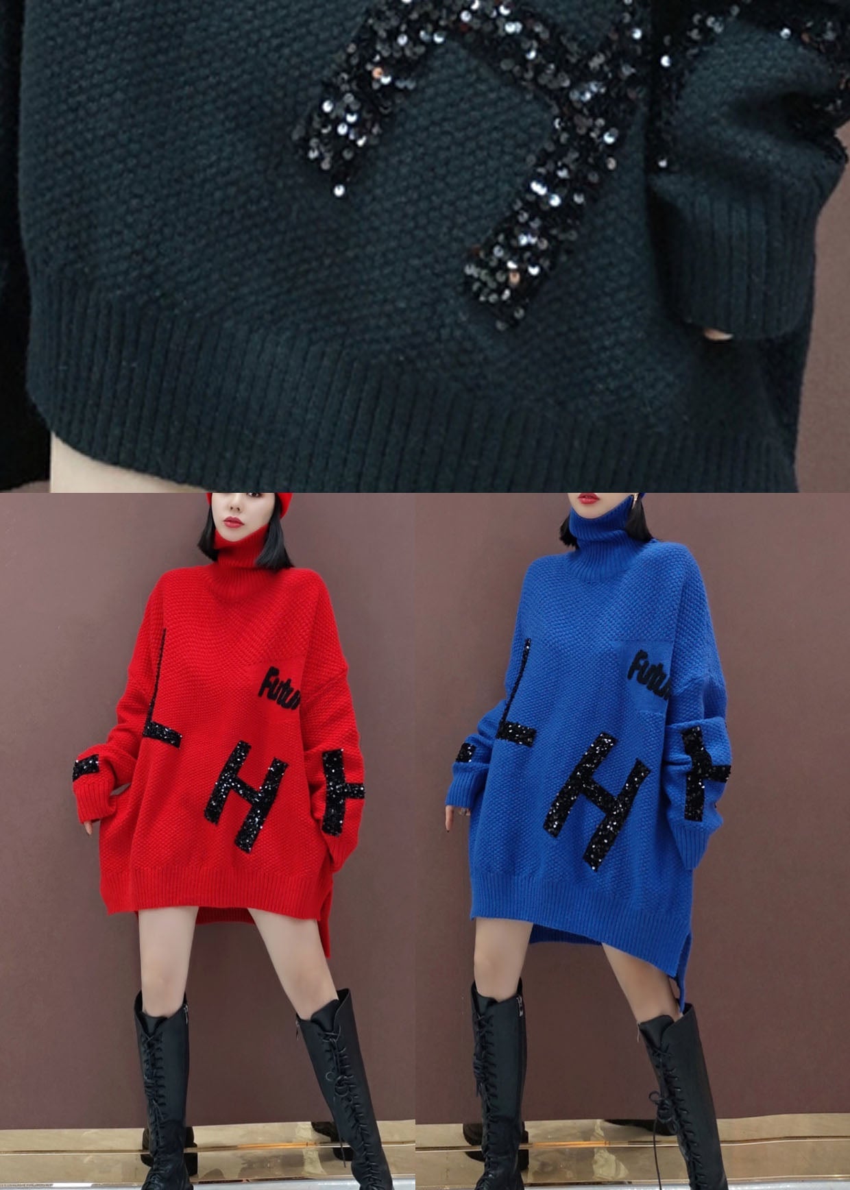 Red Turtle Neck Knitted Dress Winter