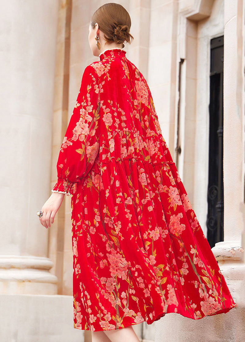 Red Turtleneck Print Ruffled Silk Velour Vacation Maxi Dresses Fall