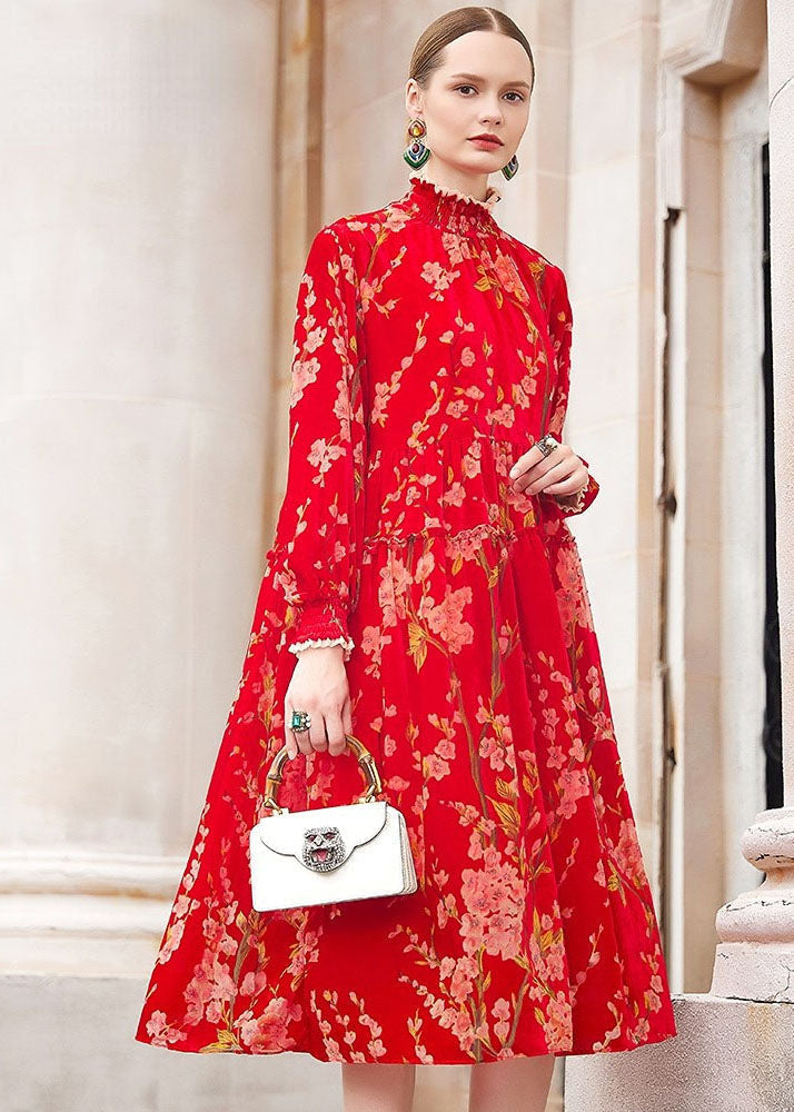 Red Turtleneck Print Ruffled Silk Velour Vacation Maxi Dresses Fall