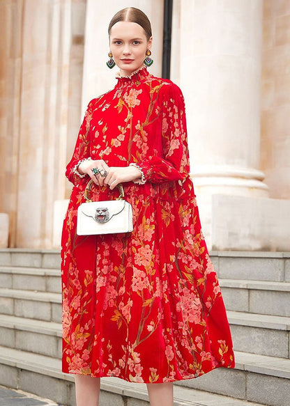 Red Turtleneck Print Ruffled Silk Velour Vacation Maxi Dresses Fall