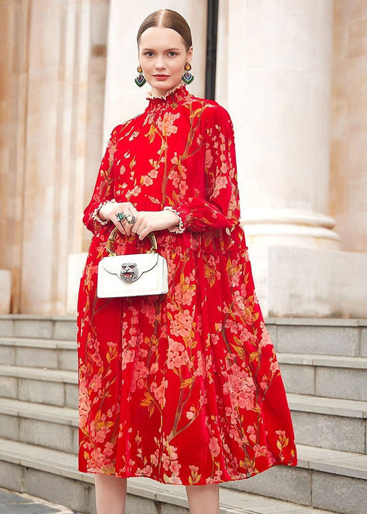 Red Turtleneck Print Ruffled Silk Velour Vacation Maxi Dresses Fall